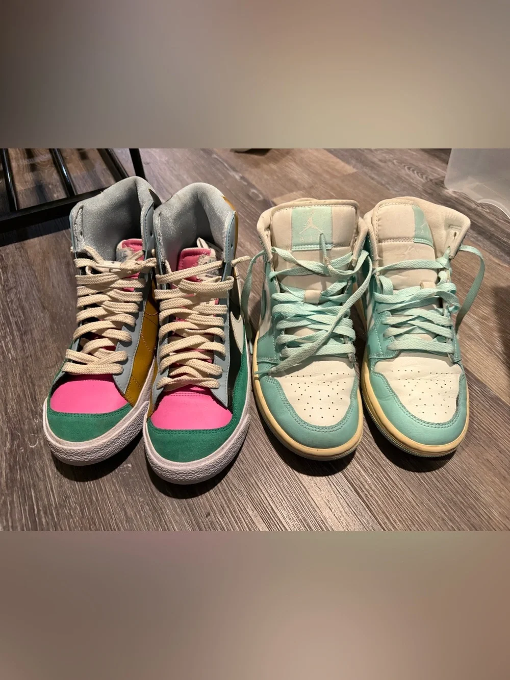 BOTH pair (sizes 6.5 and 7) Nike Kids Multi-Color & Mint High-Top Sneakers